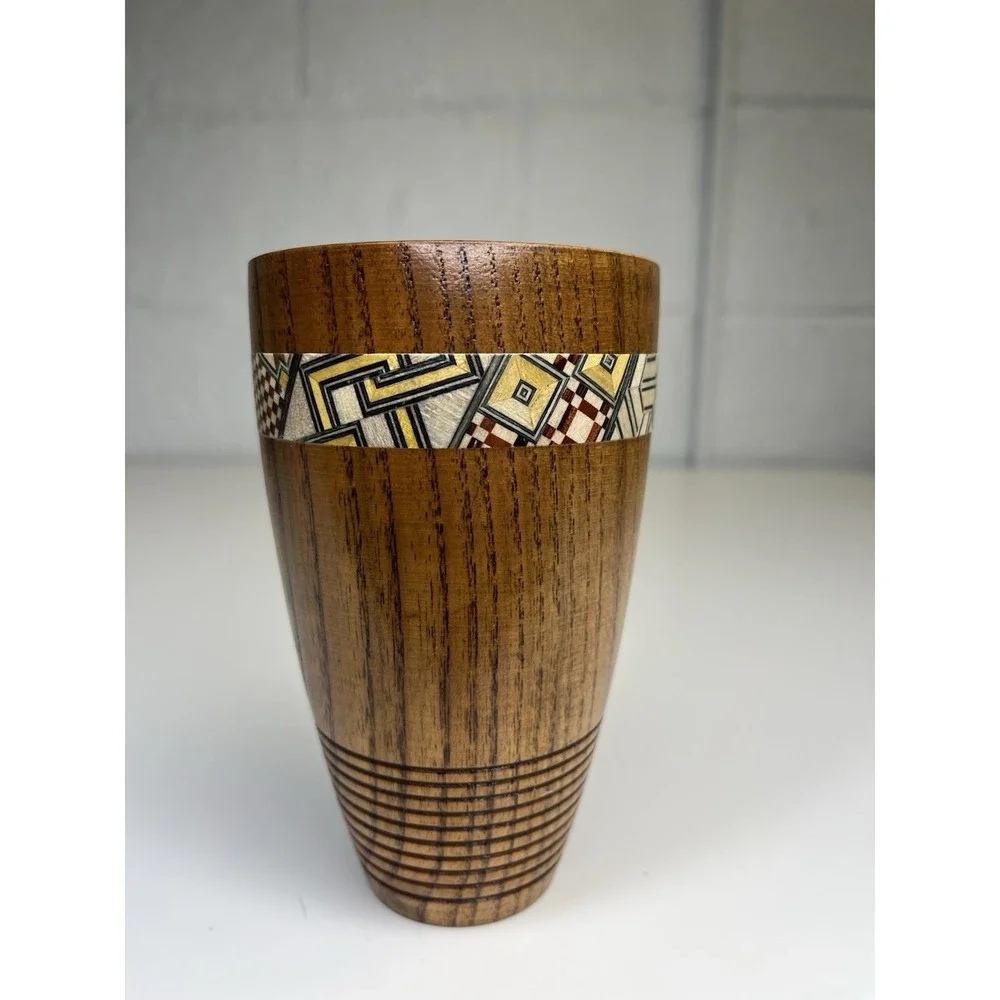 Yosegi Karakuri Gimmick Japanese Hakone Yosegi Cup Drink Wood Marquetry Inlaid‎